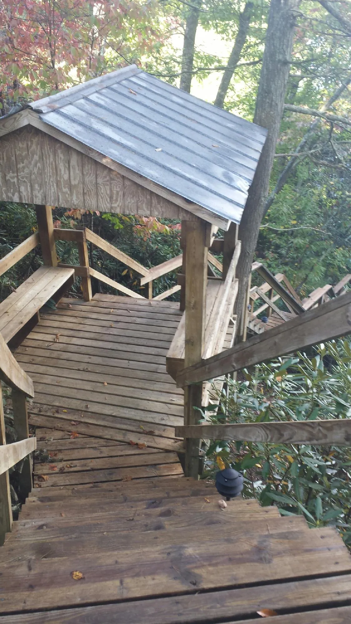 Metal roofed shelter over wooden steps on a wooded walkway — Skylight Repair & Installation work by our crew in Montrose